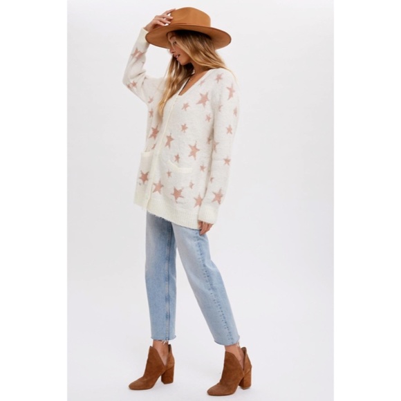 SOLD OUT Cream Star Pattern Knit Mohair Button Front Cardigan Sweater w/ Pockets - Picture 7 of 8